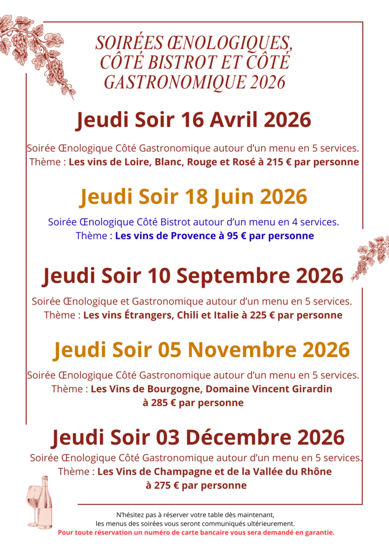 Calendrier des soirées Oenologiques 2026 a l'Etang du Moulin. Jeudi 16 Avril 2026 autour des Vins de la Loire Jeudi 18 Juin 2026 autour des Vins de Provence, côté Bistrot Jeudi 10 Septembre 2026 autour des Vins Etrangers Jeudi 05 Novembre 2026 autour des Vins de Bourgogne Jeudi 03 Décembre 2026 autour des Vins de la Vallée du Rhône et de la Champagne